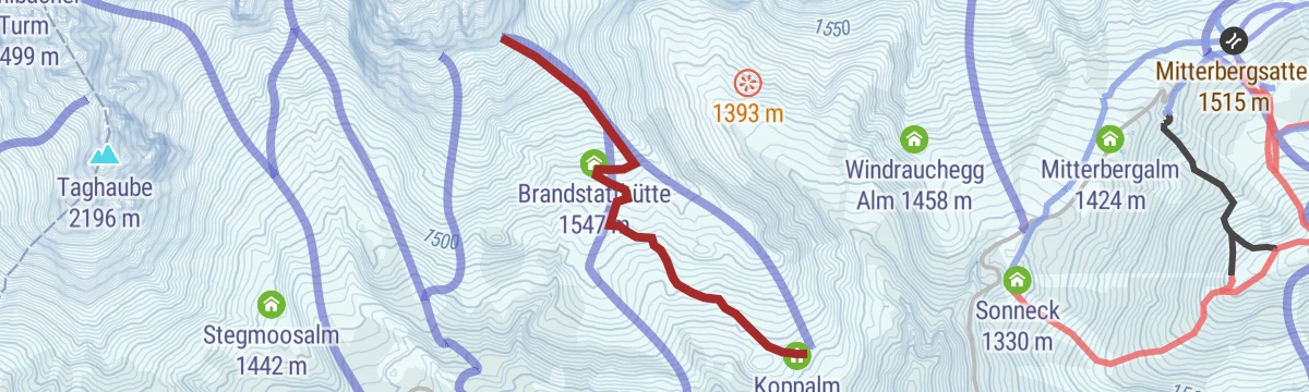 Route map: Skitour zum Kopphüttenfirst